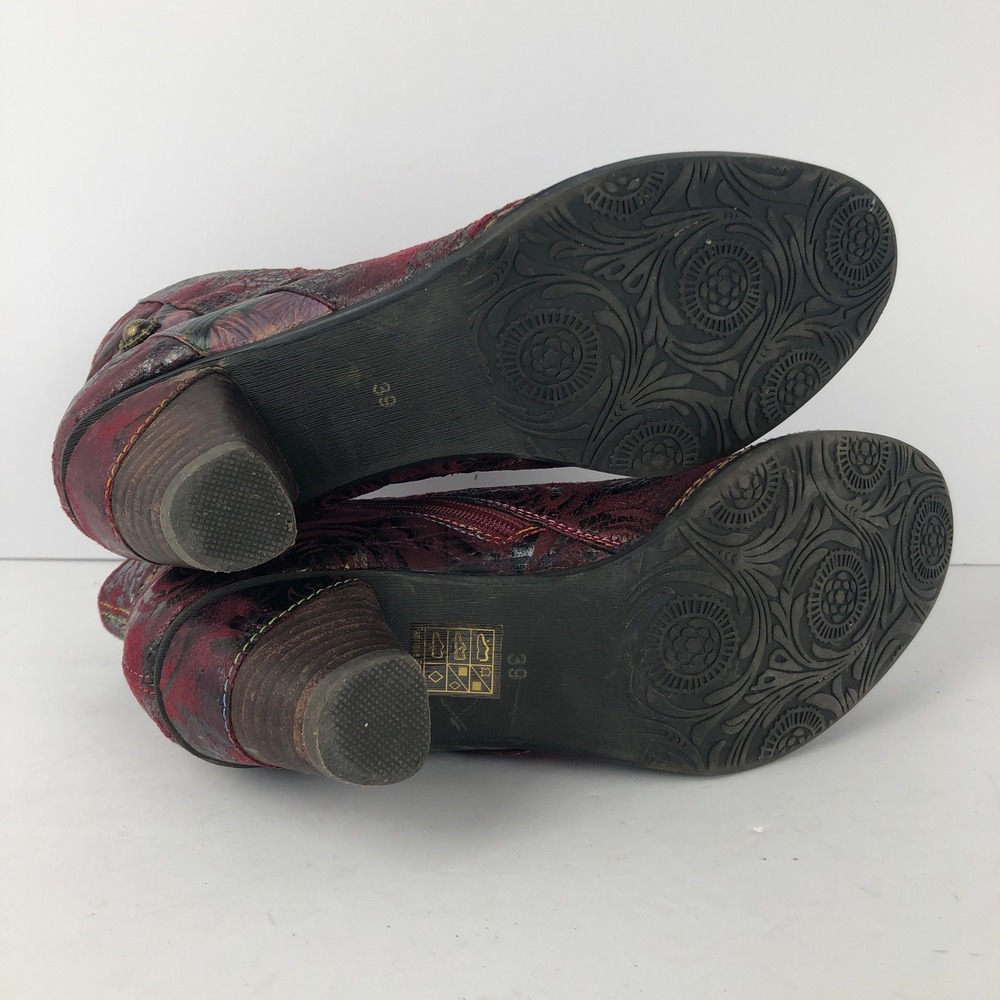 L'Artiste Spring Step Waterlily Floral Leather Ankle Boots Sz 39 Red Metallic - Picture 12 of 16